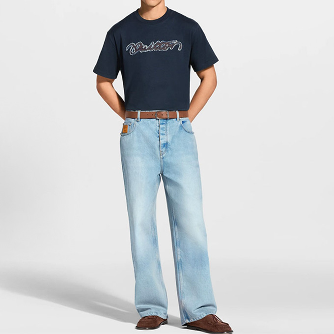 louis vuitton denim script embroidered short sleeve t-shirt